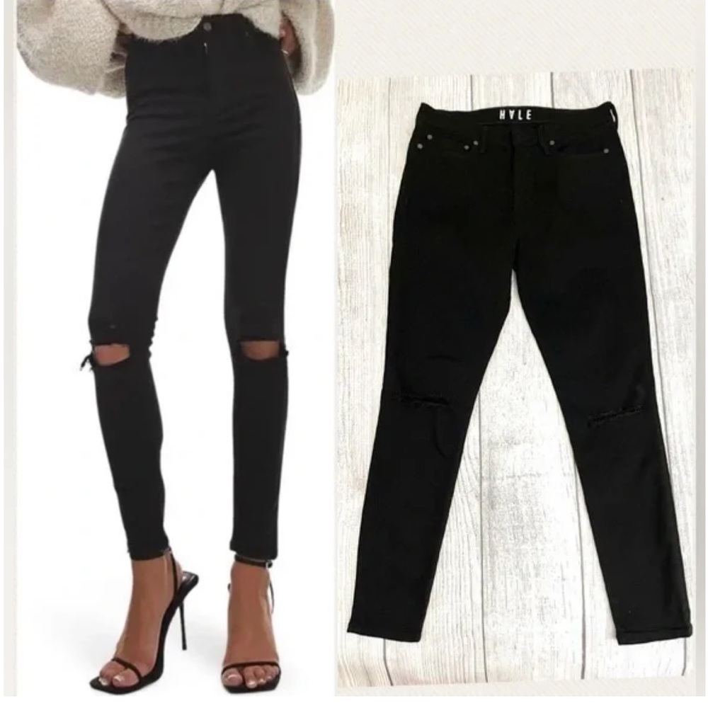 Hale Rogue Bri Sculptured High Rise Skinny Denim Jeans Black Destroy 29 NWT